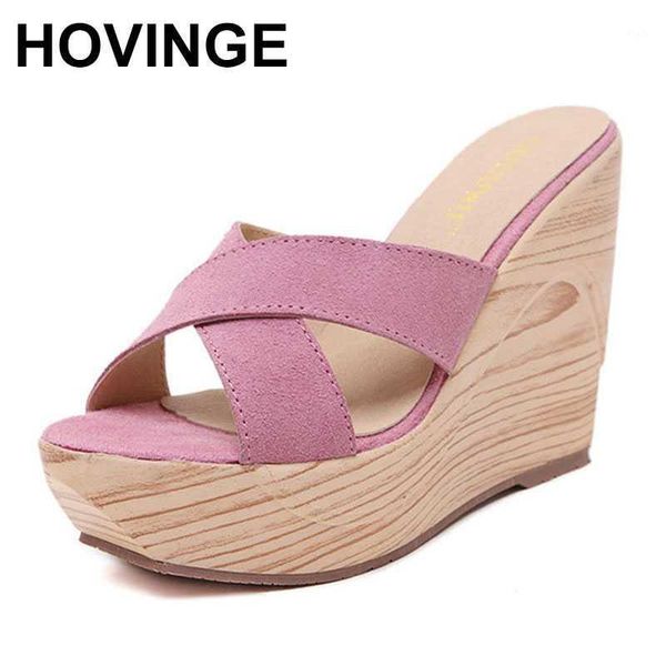

slippers hovinge designer cross stripe women high heels wedges open toe suede leather flip flops female platform summer shoes1, Black