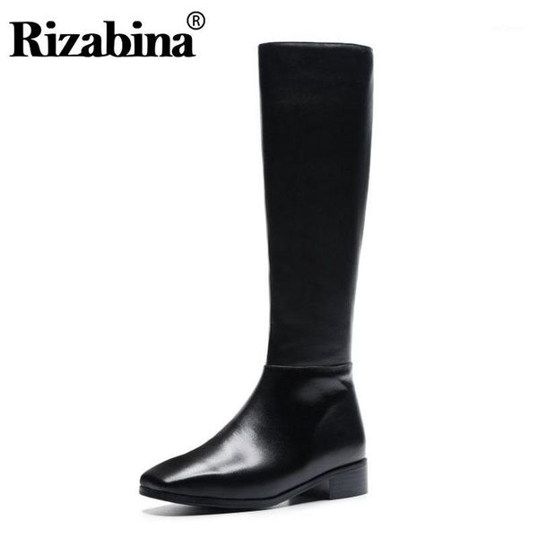 

rizabina women genuine leather knee boots high heels square toe office ladies long boots straight shoes size 33-431, Black