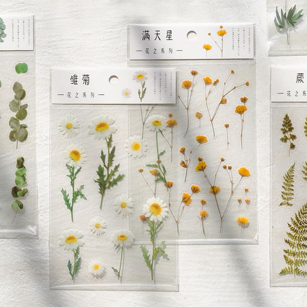 

12 designs natural daisy clover japanese words stickers transparent pet material flowers leaves plants deco sticker aesthetic