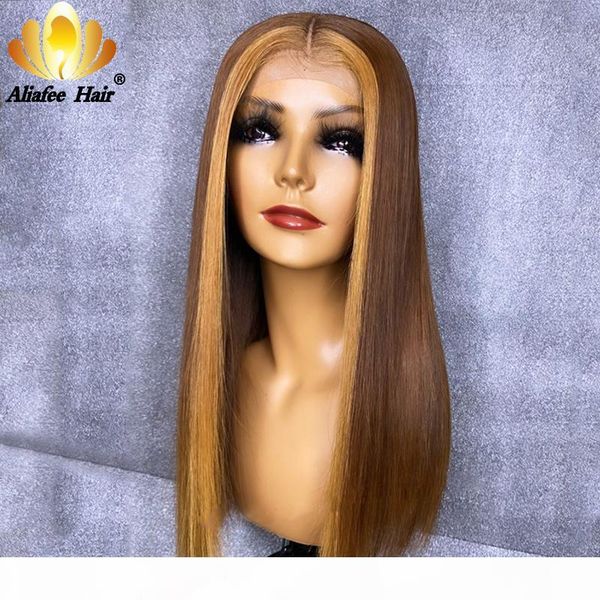 

brown blonde lace front human hair wigs brazilian straight wigs highlights transparent 180% lace part wig pre plucked for women, Black;brown