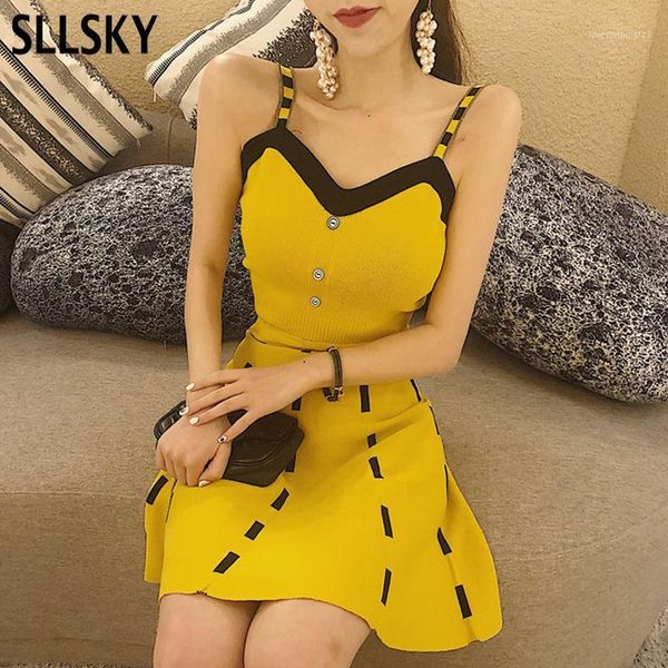 

casual dresses sllsky knitted elegant women sun dress 2021 summer fashion tank solid miniskirt sweet sheath silm short a-line dress, Black;gray