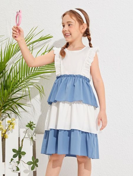 

girls layered ruffle hem colorblock dress she, Red;yellow