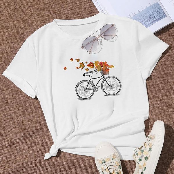 

new harajuku aesthetics leaf tshirt flowers bicycle print short sleeve & tees fashion casual couple bike t shirt, White