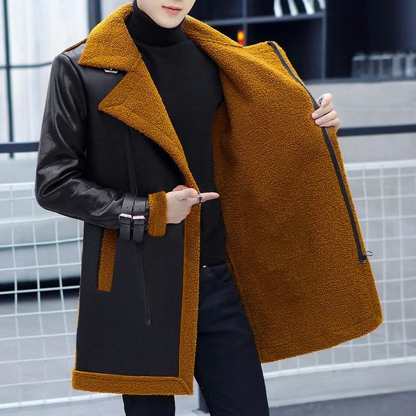 

men's medium long faux leather clothes velvet warm slim fitting korean version new winter plush fur integrated windbreaker coat, Black
