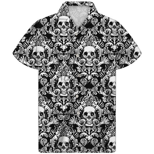 

gray skull print camisa de playa calavera guayabera camisa hombre hawaiian shirt summer men plus size shirt thin clothing c1211, White;black