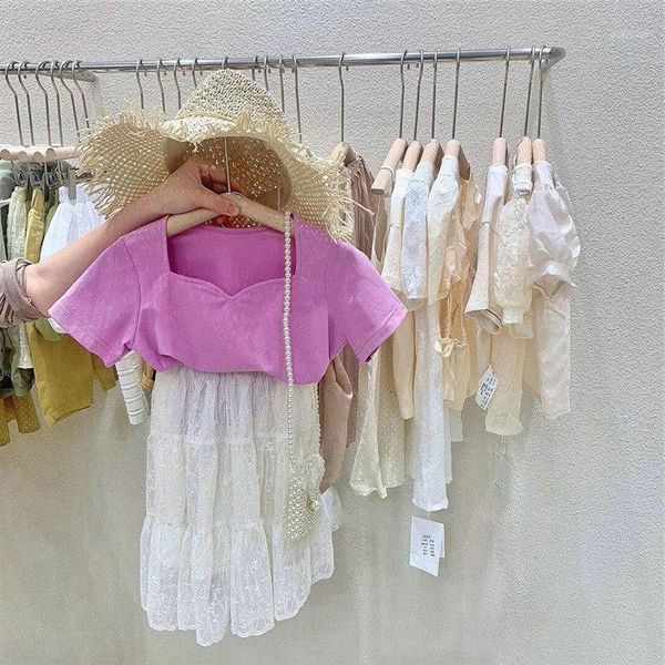 

girls suit u-collar short-sleeve t-shirt with lace skirt two pieces set 2020 summer new childrens clothing toddler fashion set1, White