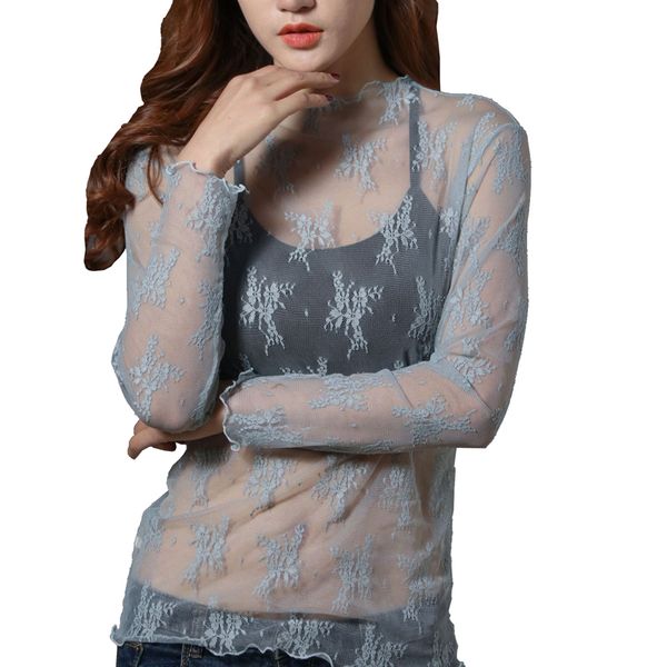 

women summer transparent embroidery blouse thin pullovers ladies fashion elegant casual long sleeve chiffon kg-118, White
