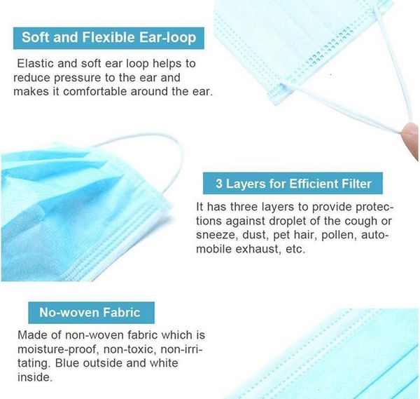 

disposable selling plenty us stock face mask mascherine hick 3-layer masks with earloops for