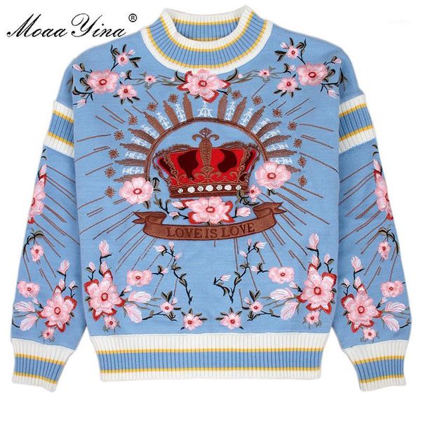 

moaayina fashion designer knitting pullovers sweater autumn women long sleeve floral print embroidery keep warm knitting sweater1, White;black