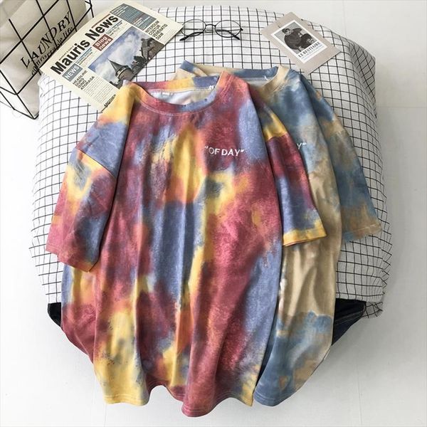 

tie dye лето футболка женщины 2020 письмо печатные женские белые tee tops o невывечивает дея корольная рукава femme рубашка l0478, White
