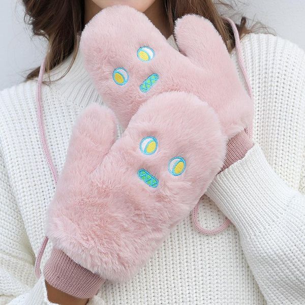 

five fingers gloves winter plush mittens fashion plus velvet thick hanging neck bag refers to warm cycling korean student ladies, Blue;gray