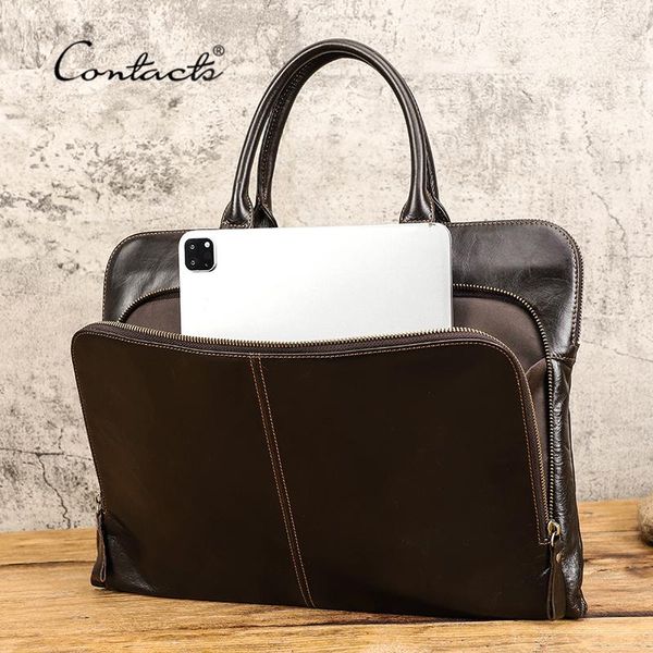 

contact's business men lapbag for 15 inch genuine leather briefcase large capacity handbag leather computer lapbags male