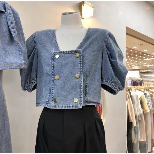 

korean puff sleeve denim women's jacket cropped double breasted female coat 2020 blue short vintage fashion casual girls clothes1, Black;brown
