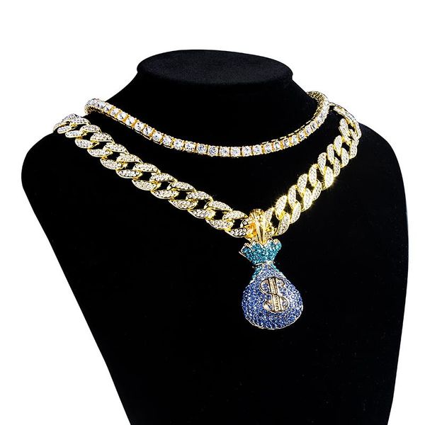 

chains men full iced out 18"miami curb cuban chain & blue lucky bag pendant hip hop rapper gold necklace cubic zirconia jewelry, Silver