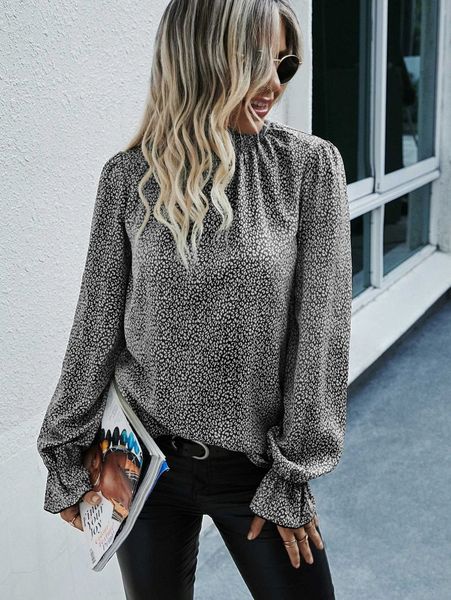 

shirred neck flounce sleeve allover print blouse i12p#, White