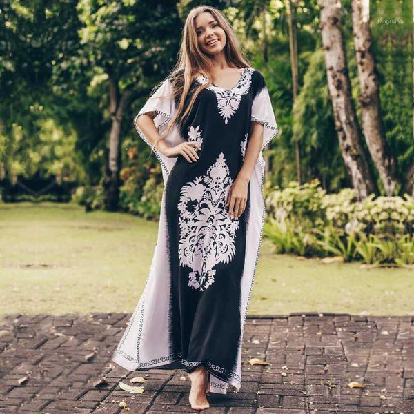 

2020 bohemian printed loose summer beach dress plus size women beachwear kaftan indie folk v-neck bat sleeve maxi dress n9791, Black;gray