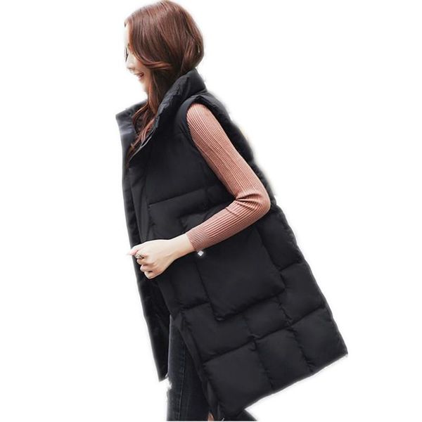 

women's vests fashion autumn winter women vest 2021 stand-collar down cotton waist with large pockets slim medium-long female cq2529, Black;white
