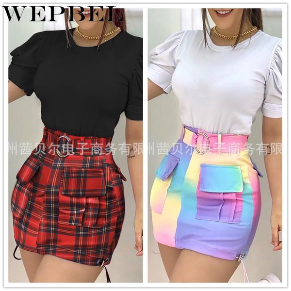 

women elegant two piece clothing set casual ladies outfits white shirt + color patchwork high waist skirt with belt q1210, Black;white