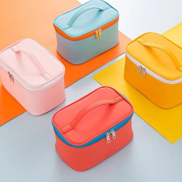 

1 pc large cosmetic bag leather solid color women make up bags hanging travel toiletry bag zipper beauty case pouch