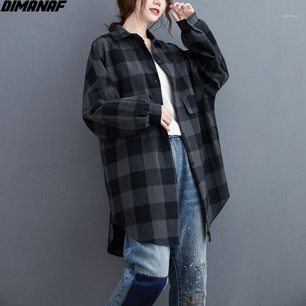 

dimanaf plus size women blouse autumn cotton big plaid print casual lady female oversize loose long cardigan long sleeve blouse1, White