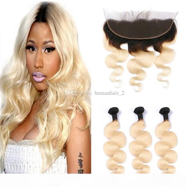 

blonde hair wefts with lace frontal closure 1b 613 ombre blonde human hair with body wave lace frontal closure 4pcs lot ing, Black;brown