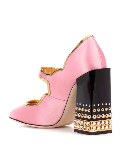

satin leather chunky high heels gold bordered diamond round toes colourful pumps dress shoes party wedding pink, Black
