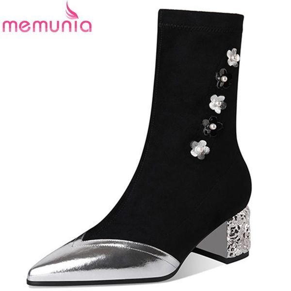 

memunia elastic boots women thick heel pointed toe casual shoes flower patent leather autumn winter ankle boots woman, Black