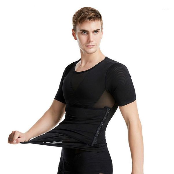 

mens waist slimming t-shirt buckle body building body shaper1, Black;white