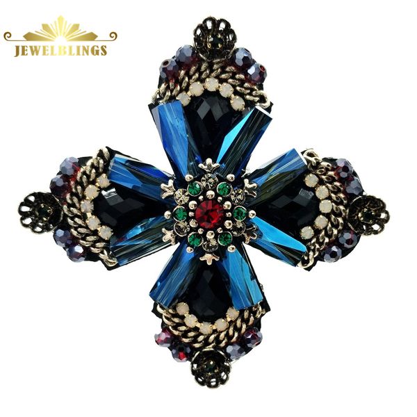 

retro vintage dark blue crystal rhinestone cross style flower brooches gold tone faceted four petal flower pins for women suit 201009, Gray