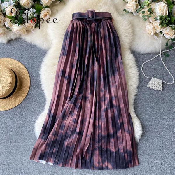 

skirts womens pleated high waist fashion temperament casual hit color with belt ink tie-dye pleated comfort plus size long skirt1, Black