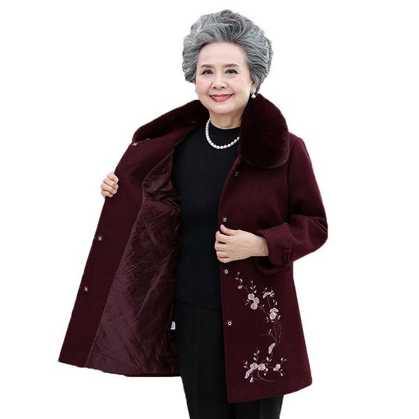 

women's wool & blends autumn winter woolen coat middle-aged elderly women jackets mid-long thick warm grandma overcoat female outerwear, Black