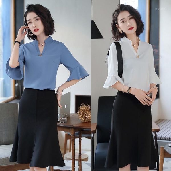 

summer fashion women blouses & shirts white half sleeve ladies 2 piece skirt and sets office uniform style1