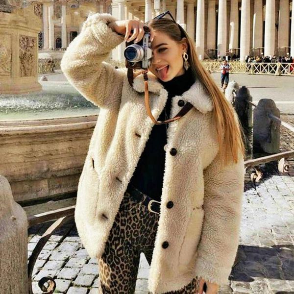 

women's fur & faux 2021 winter thicken warm teddy jacket coat women casual fashion lamb overcoat fluffy cozy loose outerwear female, Black