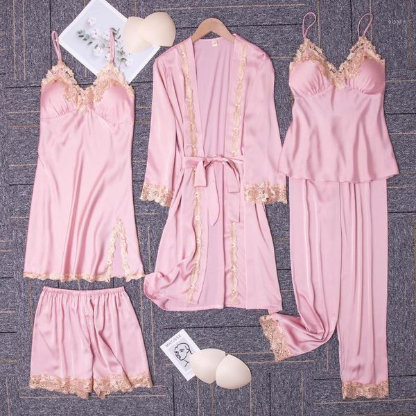 

five-piece women satin pajamas spring/autumn trousers robe suspenders nightdress with chest pad bathrobe home1, Black;red