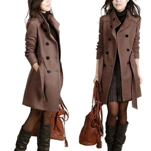 

fashion warm plus size women woolen long coat autumn solid color women double breasted woolen long trench coat outwear1, Black