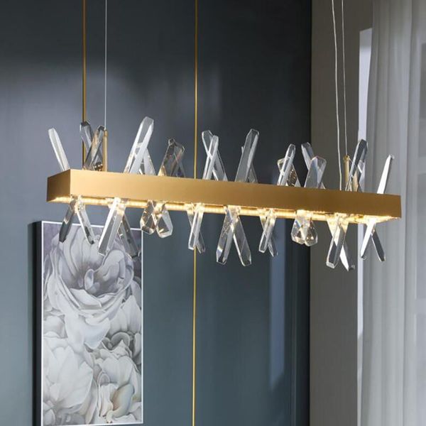 Plafoniere Lampadario di cristallo moderno rettangolo per soggiorno Sala da pranzo Isola cucina Lampada a sospensione Lampadari a led oro Cristal Light