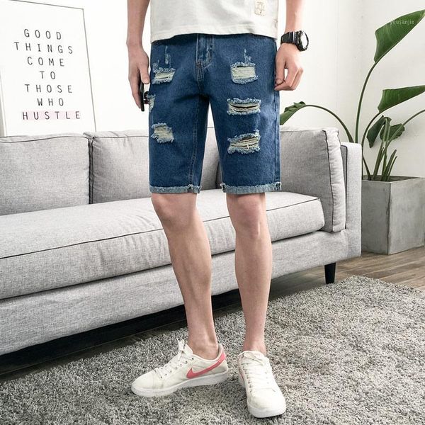 

summer new casual shorts men's hole slim slim denim shorts men's large size loose straight fashion pure blue denim1