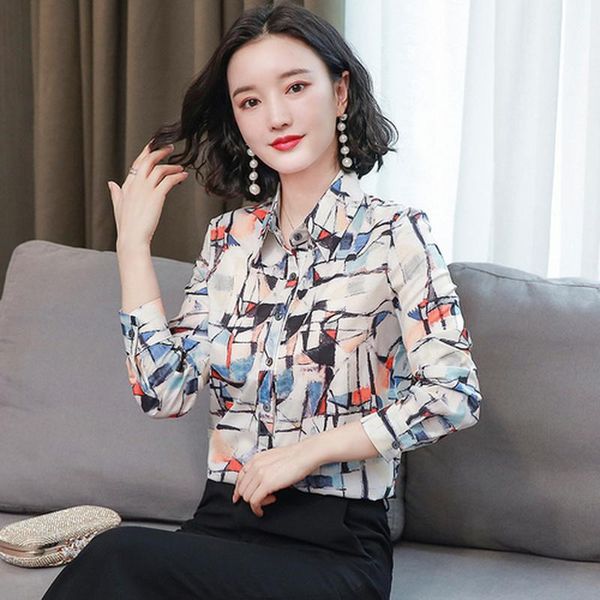 

2021 autumn new silk shirt women's korean long sleeve casual loose cardigan print women blouse and blusas mujer 10648, White
