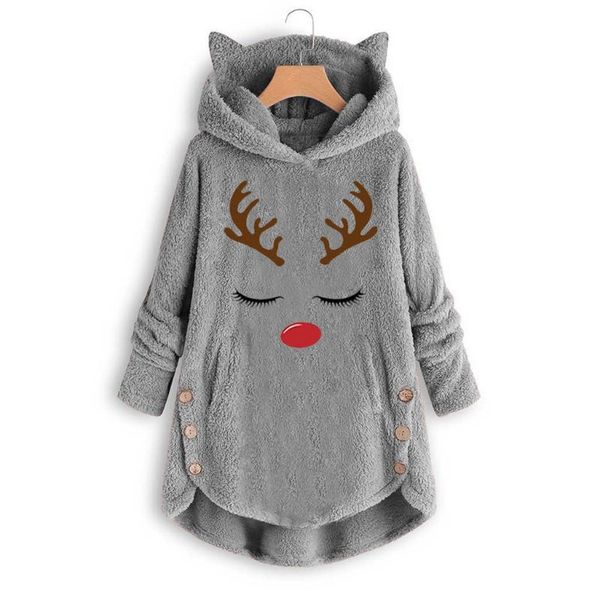 

sweatshirt christmas womens long sleeve deer printed warm fleece button kawaii deer ear winter warm hoodies plush hoody blouse, Black