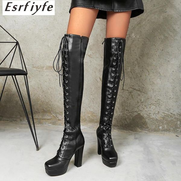 

esrfiyfe 2020 new 2021 new lace up over the knee boots women woman long boots botas women winter shoes thigh high, Black