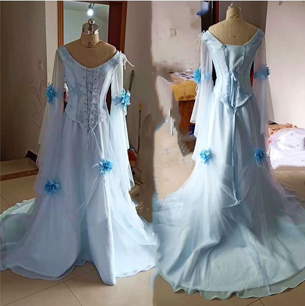 Immagini reali Vintage Light Sky Blue Corset Prom Dresses A Line Fata Lunga manica a poeta Fiori 3D Corte dei treni Plus Size Abito da sera in chiffon