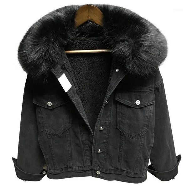 

autumn winter big fur collar denim jacket women thick warm lambswool jeans jacket fashion large size loose outerwear women coat1, Black;brown