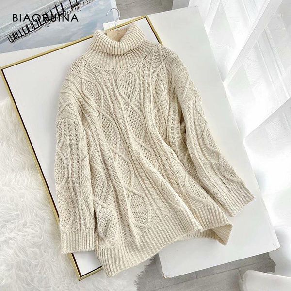 

biaoruina women's sweet oversize minimalist argyle winding knitted turtleneck sweater female fashion thick warm pullover1, White;black