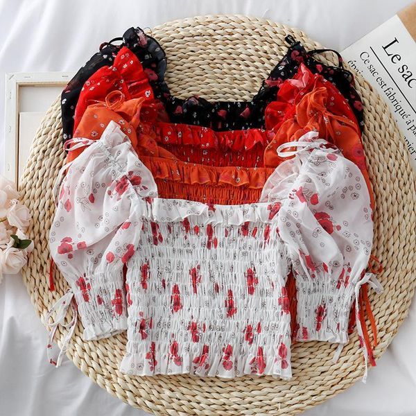 

sweet small fresh flower print square collar women pleated skinny fungus five point sleeve shirt drop shipping, White