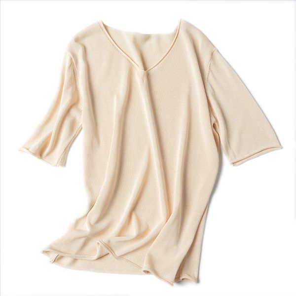 

2020 summer thin knit oversized t shirt for women v neck big girls casual t shirt basic pullover female short sleeve, White