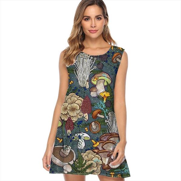 

mushroom forest chiffon dress 2019 new style lady short dress sleeveless summer casual print women dresses, Black;gray