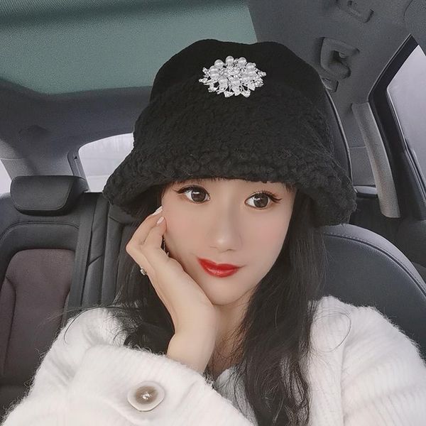 

black lambs wool bucket hat basin warm hat female fashionable, Blue;gray