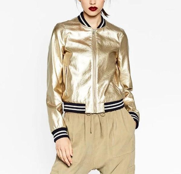 

autumn new women o-neck bomber jacket zippers long sleeve leather jacket metal color streetwear coats1, Black;brown