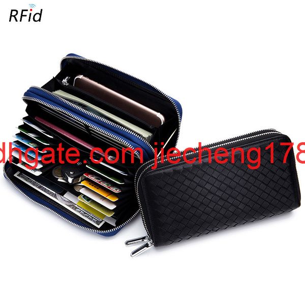 

large capacity men's long wallet rfid multi card sheepskin double zipper knitting wallet for women, Red;black