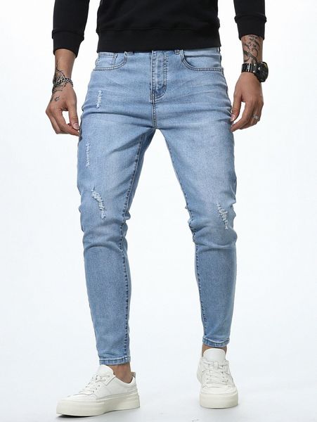 

men ripped washed tapered jeans l11w#, Blue